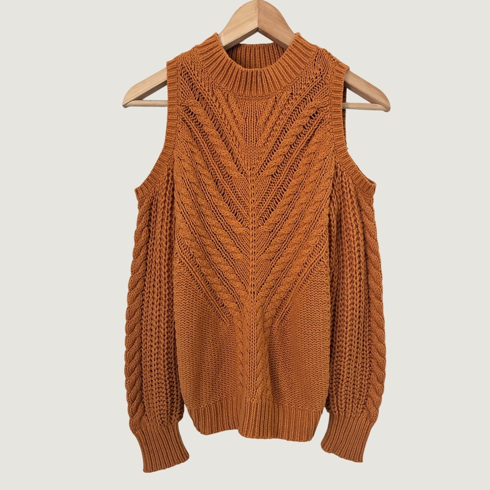 Aeropostale Womens Cold Shoulder Mock Neck Cable Knit Sweater Burnt Orange M